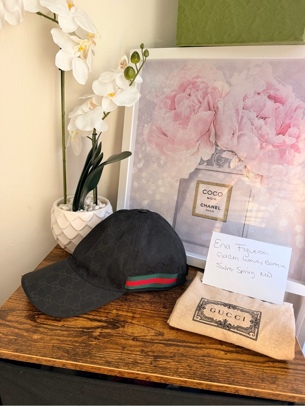 Gucci Black Monogram Baseball Cap with Green-Red Web Stripe